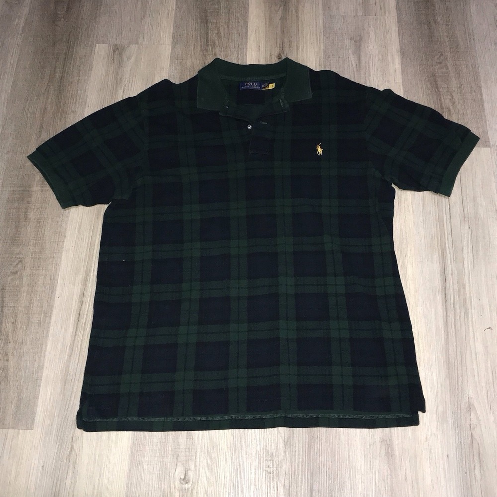 Ralph Lauren Polo Shirt Mens X-Large Tall Tartan Green Blue Plaid XLT